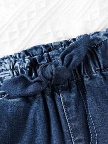 小女童蝴蝶圖案反摺褲腳紙袋型腰牛仔短褲 - 深色水洗藍 - 查看 3