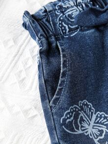 小女童蝴蝶圖案反摺褲腳紙袋型腰牛仔短褲 - 深色水洗藍 - 查看 4