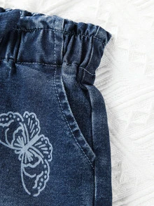 小女童蝴蝶圖案反摺褲腳紙袋型腰牛仔短褲 - 深色水洗藍 - 查看 5