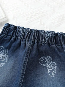 小女童蝴蝶圖案反摺褲腳紙袋型腰牛仔短褲 - 深色水洗藍 - 查看 6