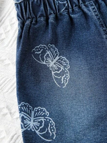 小女童蝴蝶圖案反摺褲腳紙袋型腰牛仔短褲 - 深色水洗藍 - 查看 7