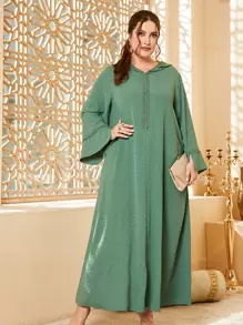 Al Najma Plus Swiss Dot Contrast Tape Hooded Dress Maxi Women Outfit - Mint Green - View 1