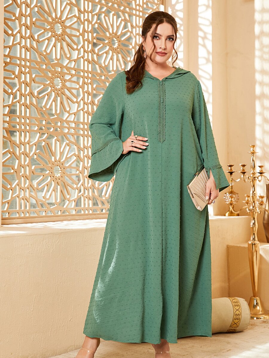 Al Najma Plus Swiss Dot Contrast Tape Hooded Dress Maxi Women Outfit - Mint Green - View 1