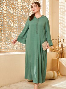 Al Najma Plus Swiss Dot Contrast Tape Hooded Dress Maxi Women Outfit - Mint Green - View 3