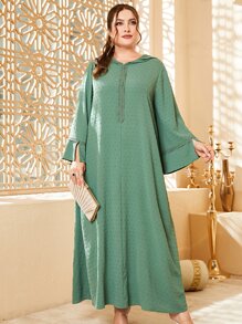 Al Najma Plus Swiss Dot Contrast Tape Hooded Dress Maxi Women Outfit - Mint Green - View 4