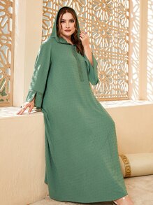 Al Najma Plus Swiss Dot Contrast Tape Hooded Dress Maxi Women Outfit - Mint Green - View 5