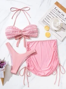 SHEIN Pearls Decor Applique Summer Beach Bikini Set With Drawstring Beach Skirt - Baby Pink - View 3