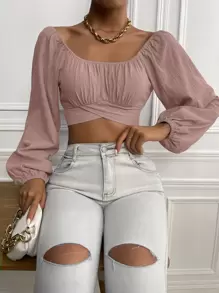 Chiquease Ruched Knot Back Crop Blouse - Dusty Pink - View 7