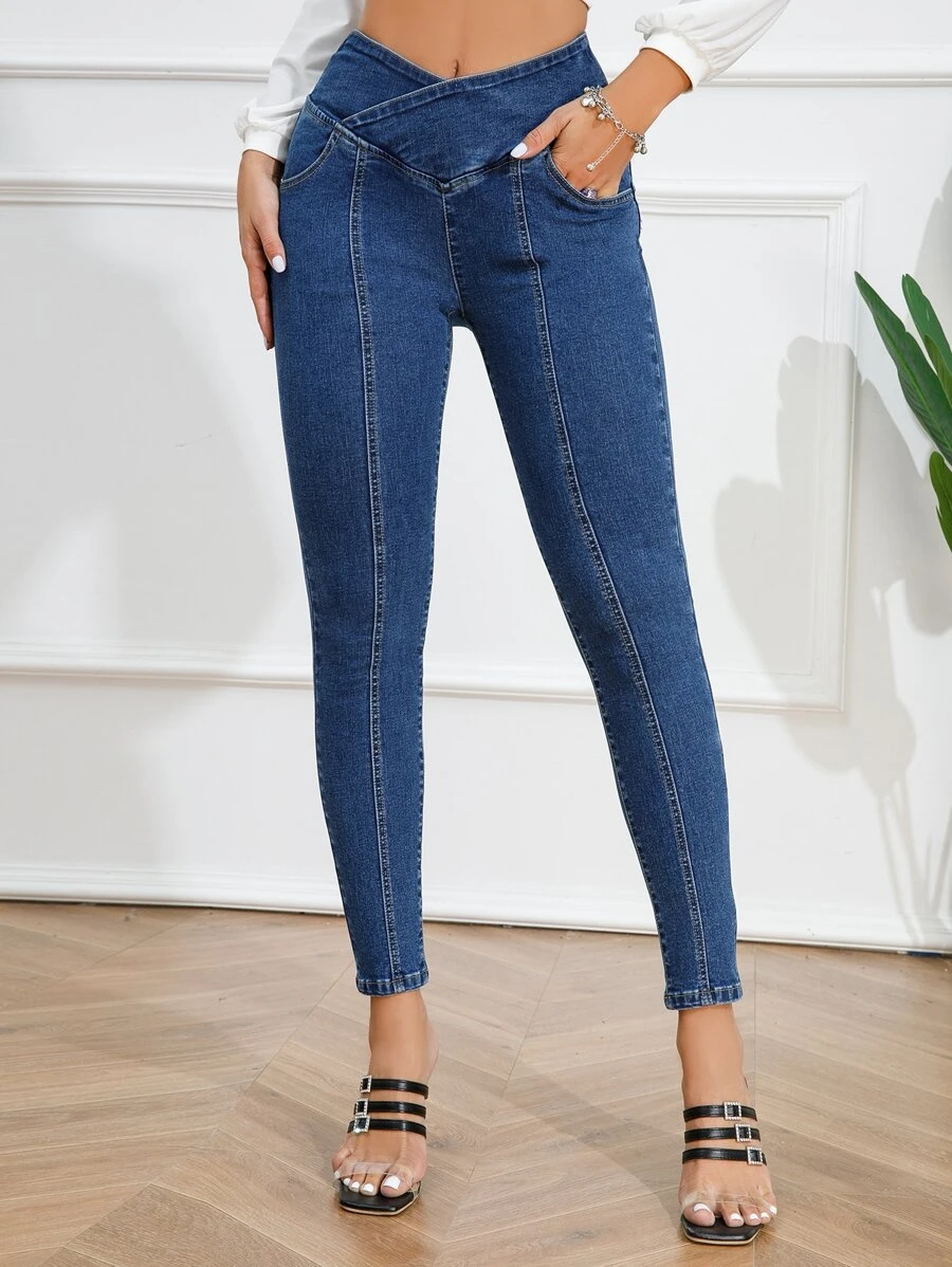 Overlap Waist Skinny Jeans - Medium Wash - View 1