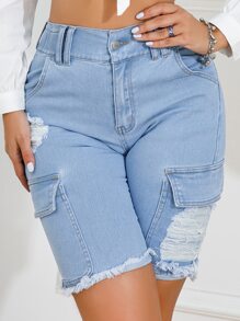 SHEIN EZwear 高腰破洞毛邊牛仔短褲 - 淺色水洗藍 - 查看 3