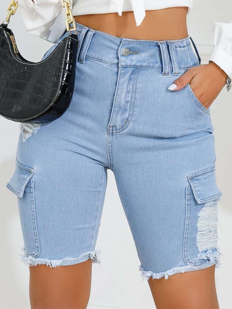 SHEIN EZwear High Waist Ripped Raw Hem Denim Shorts - Light Wash - View 4