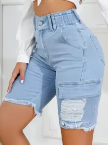 SHEIN EZwear 高腰破洞毛邊牛仔短褲 - 淺色水洗藍 - 查看 5