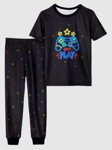 Boys Gamepad & Letter Graphic Snug Fit PJ Set - Black - View 1