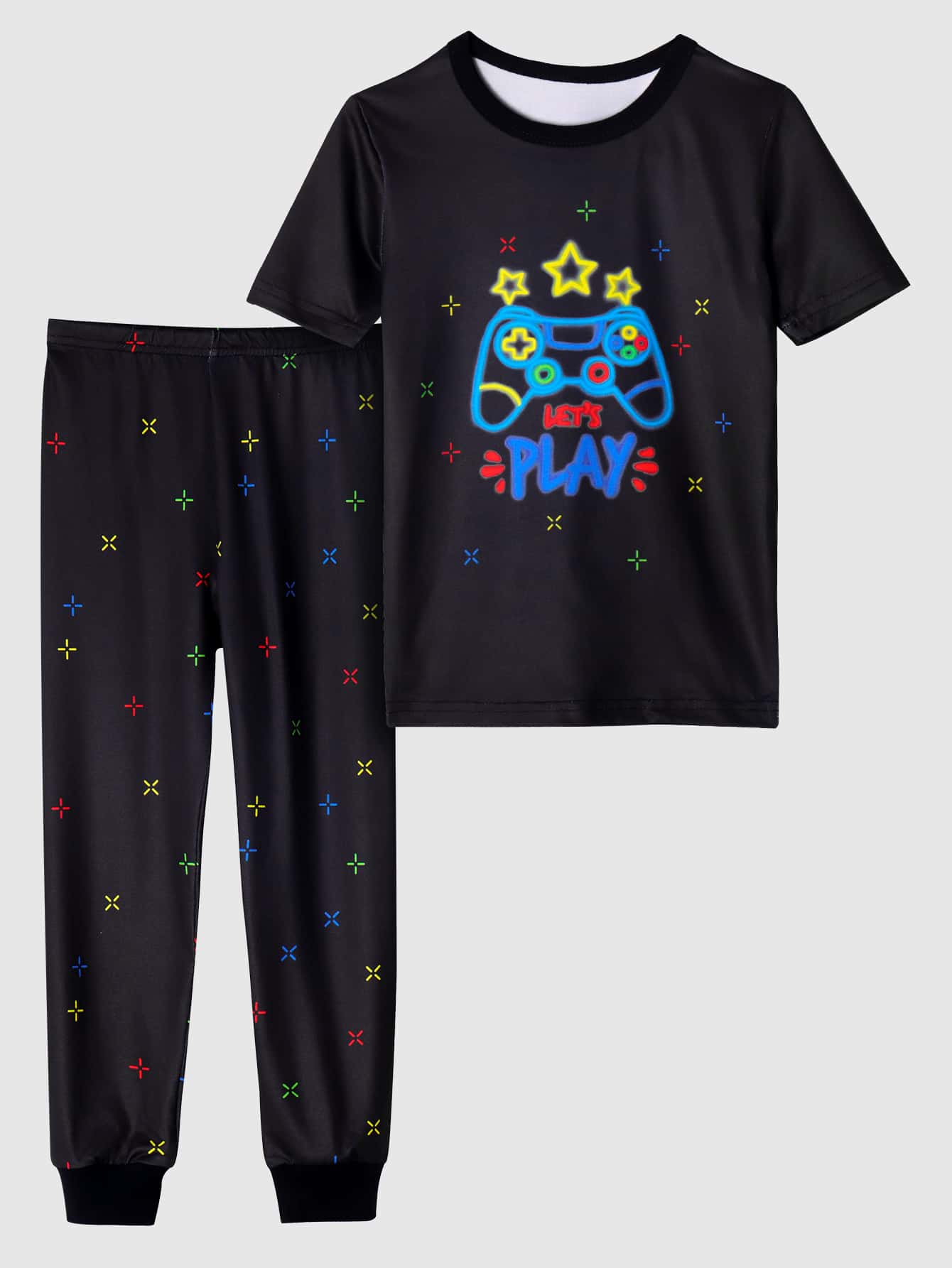 Boys Gamepad & Letter Graphic Snug Fit PJ Set - Black - View 1