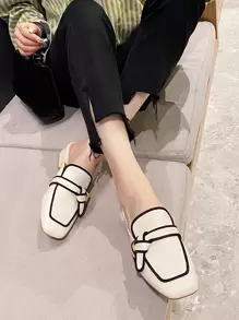 HanDuEke Women's Elegant Contrast Color Satin Ribbon Flat Mule Shoes - Beige - View 1