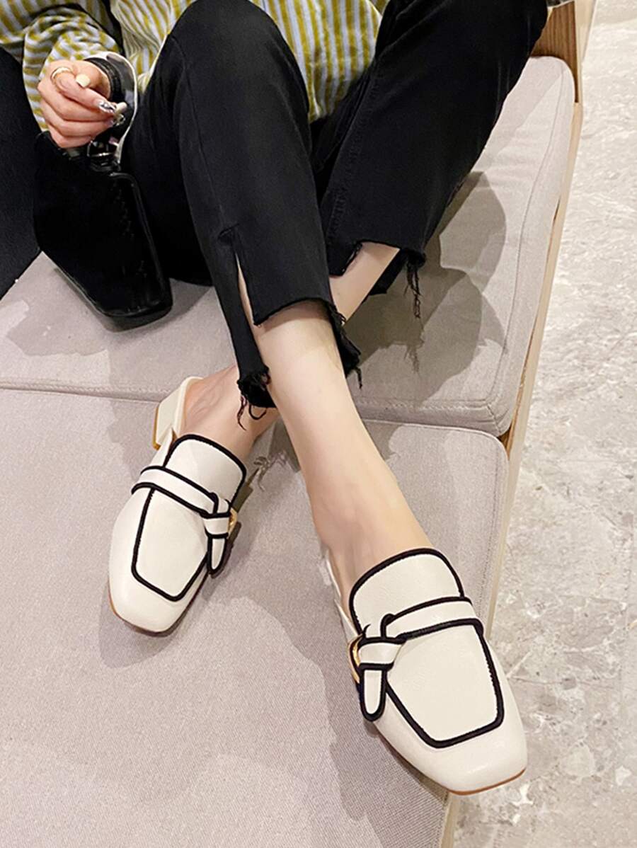 HanDuEke Women's Elegant Contrast Color Satin Ribbon Flat Mule Shoes - Beige - View 1