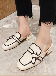 HanDuEke Women's Elegant Contrast Color Satin Ribbon Flat Mule Shoes - Beige - View 3