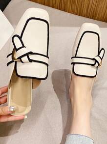 HanDuEke Women's Elegant Contrast Color Satin Ribbon Flat Mule Shoes - Beige - View 5