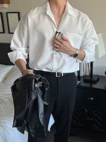 DAZY 男士口袋貼布落肩袖襯衫 - 白色 - 查看 3