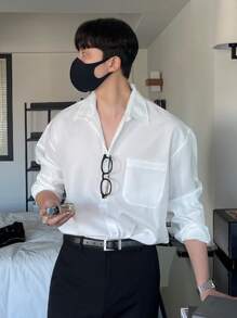 DAZY 男士口袋貼布落肩袖襯衫 - 白色 - 查看 4