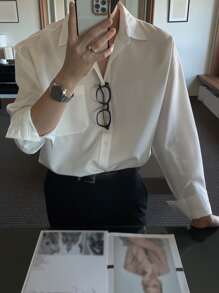 DAZY 男士口袋貼布落肩袖襯衫 - 白色 - 查看 5