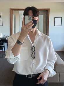 DAZY 男士口袋貼布落肩袖襯衫 - 白色 - 查看 7