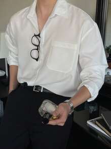 DAZY 男士口袋貼布落肩袖襯衫 - 白色 - 查看 8