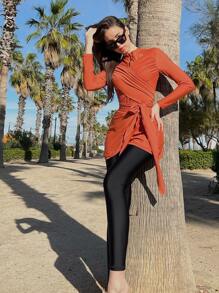 Swim Mulvari Color Block One Piece Burkini Swimsuit With Beach Skirt - Multicolor - View 1