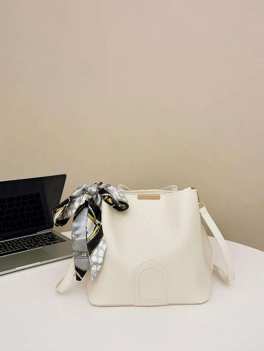 Skinny Scarf Decor Bucket Bag - Beige - View 1