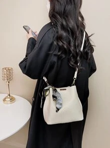 Skinny Scarf Decor Bucket Bag - Beige - View 2