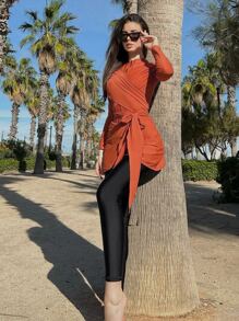 Swim Mulvari Color Block One Piece Burkini Swimsuit With Beach Skirt - Multicolor - View 7