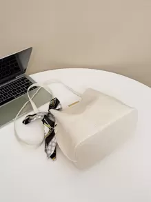 Skinny Scarf Decor Bucket Bag - Beige - View 3