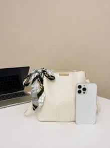 Skinny Scarf Decor Bucket Bag - Beige - View 5
