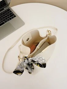Skinny Scarf Decor Bucket Bag - Beige - View 6