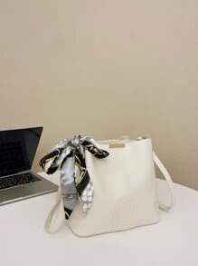 Skinny Scarf Decor Bucket Bag - Beige - View 7