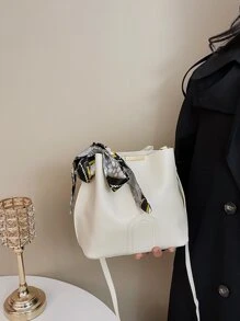 Skinny Scarf Decor Bucket Bag - Beige - View 8