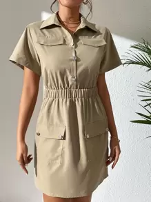 SHEIN Essnce 翻蓋口袋前紐扣襯衫連衣裙 - 卡其色 - 查看 3