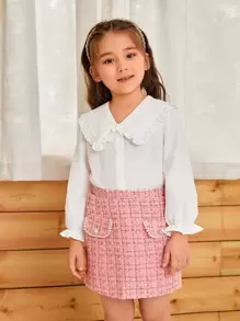 SHEIN 小女童褶邊彼得潘領襯衫和格紋半身裙