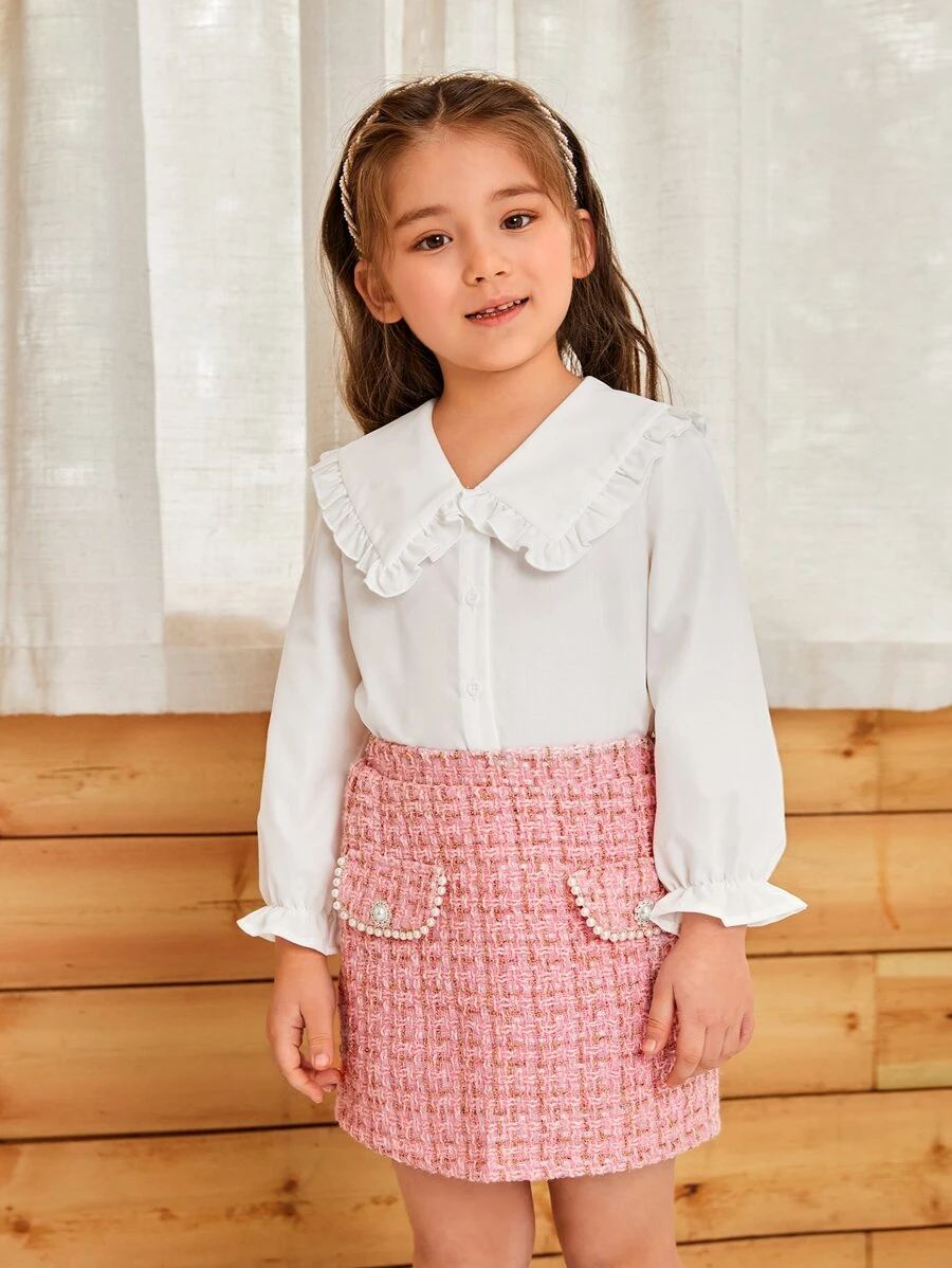 SHEIN 小女童褶邊彼得潘領襯衫和格紋半身裙