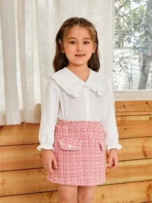 SHEIN 小女童褶邊彼得潘領襯衫和格紋半身裙