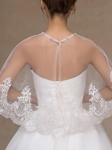 Rhinestone Decor Floral Embroidered Wedding Wrap - White - View 3