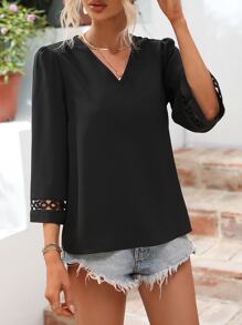 SHEIN LUNE Áo sơ mi nữ màu trơn Giải trí - màu đen - Xem 3