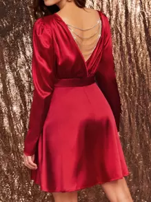 SHEIN Frenchy Chain Detail Backless Satin Dress Christmas Winter New Year Elegant Red Evening Dress Party Burgundy Burgundy - Burgundy - View 1