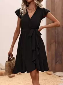SHEIN Clasi Đầm Thắt lưng Viên lá sen Trọn gói màu trơn Giải trí - màu đen - Xem 3