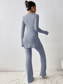 SHEIN Essnce Camiseta bajo con abertura & Pantalones acampanados - Neblina azul - Ver 2