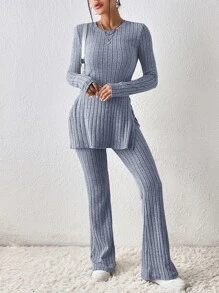 SHEIN Essnce Camiseta bajo con abertura & Pantalones acampanados - Neblina azul - Ver 3