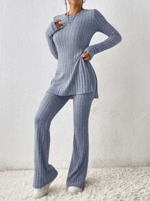 SHEIN Essnce Camiseta bajo con abertura & Pantalones acampanados - Neblina azul - Ver 4