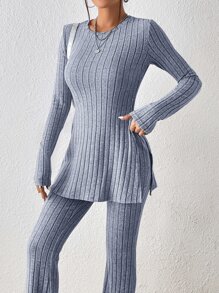 SHEIN Essnce Camiseta bajo con abertura & Pantalones acampanados - Neblina azul - Ver 5