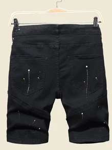 Manfinity Hombres Shorts en mezclilla desgarro crudo salpicaduras de tinta con diseño de parche de letra - Negro - Ver 2