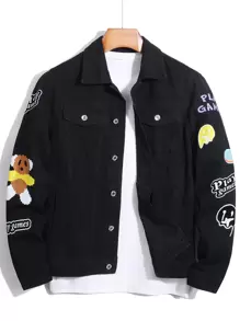 Manfinity Men 1pc Letter & Cartoon Graphic Denim Jacket - Black - View 1